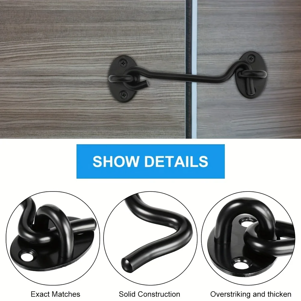 2Pcs Black Stainless Steel Hook And Eye Latches Metal Barn Door Hook Latches Heavy-Duty Cabinet Latches With Screws Privacy Hook