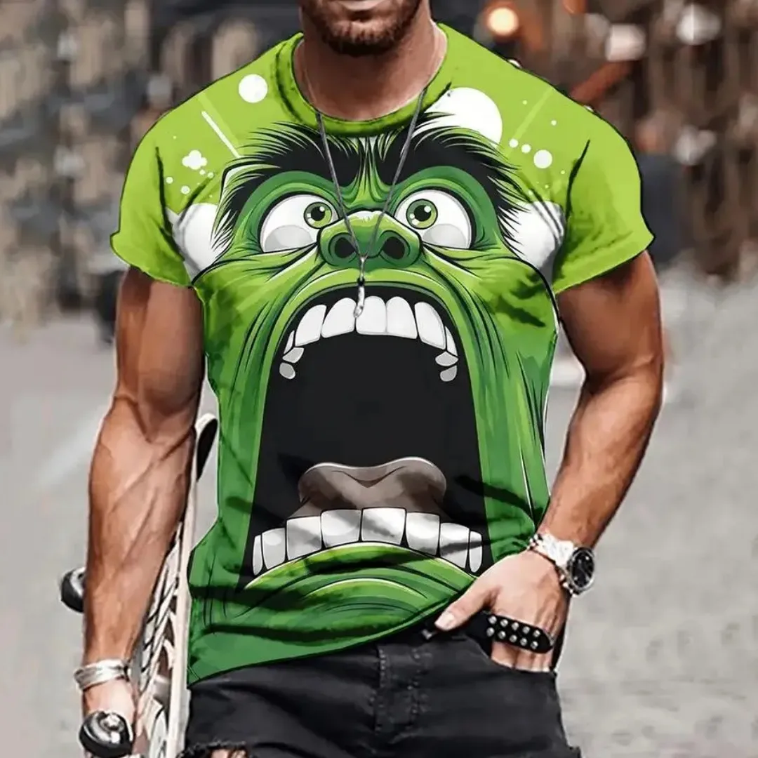 

Men's T-shirt with fun green fur monster pattern 3D printing fashion cool round neck clothing daily vacation short sleeved tops