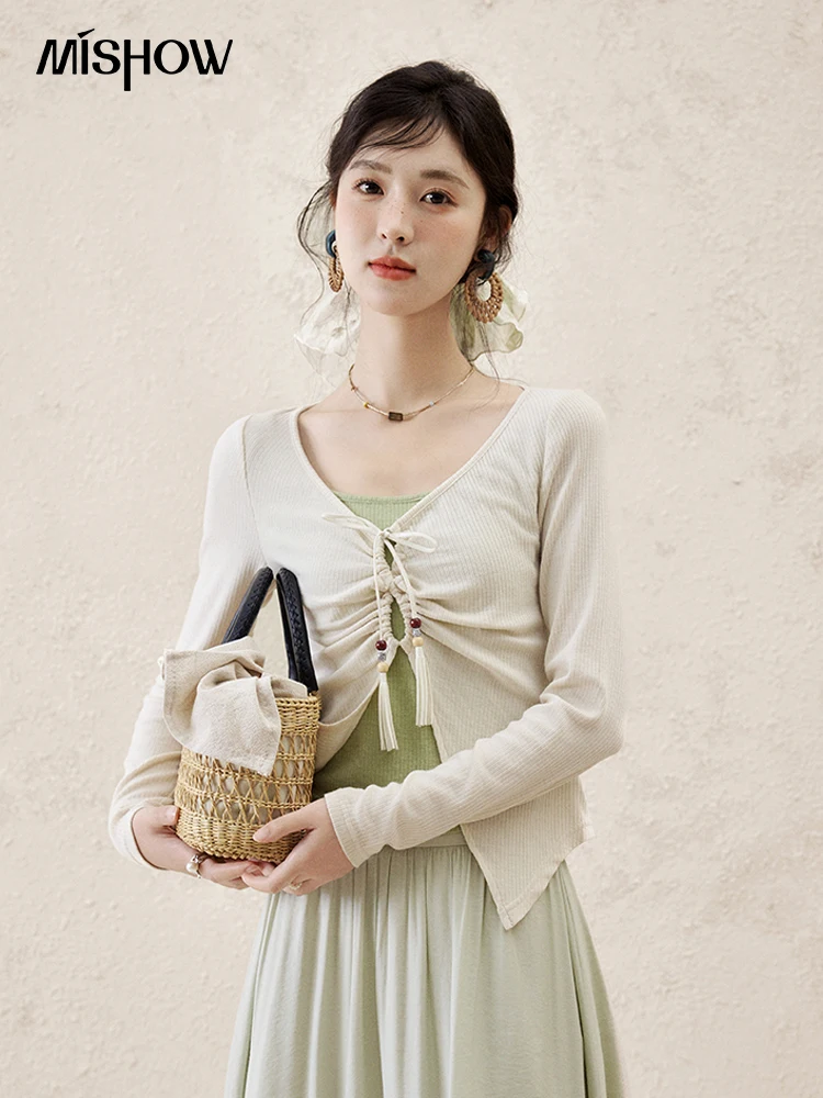 MISHOW Women's Fake Two Patchwork Knitted Spring 2025 Contrast Drawstring Strap Lace-up Tops Retro V-neck Thin Top MXE15Z1185