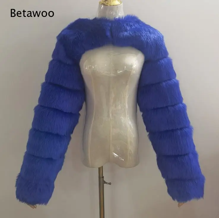 Women Open Front Round Neck Faux Fur Shrug Horizontal Segmented Design Cropped Soft Fluffy Furry Club Outerwear