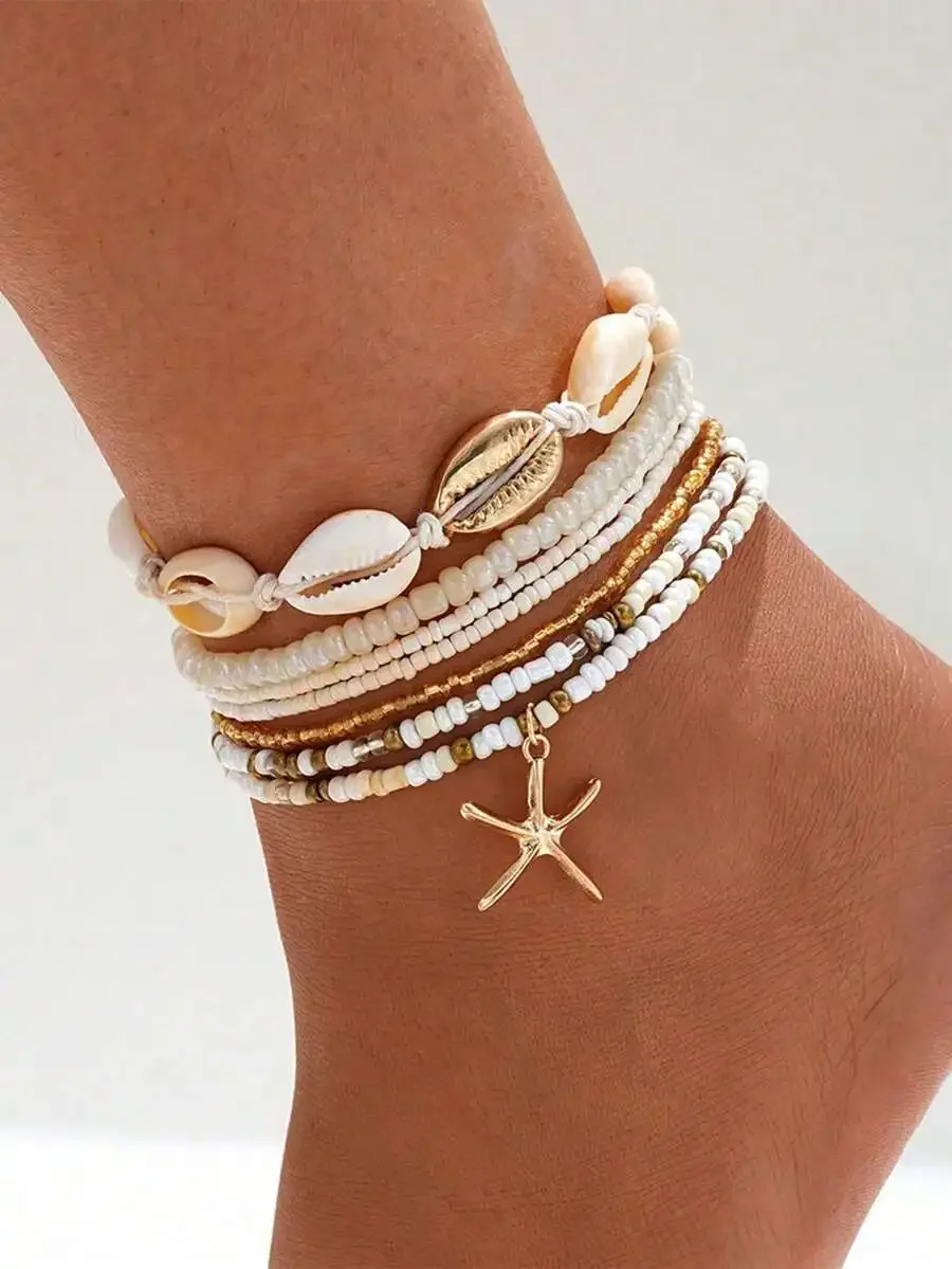 7pcs Boho Style Seed Bead, Shell, Starfish Decor Anklet Set For Women Girls, Beach Summer Vacation Party Wear Accessories view 3