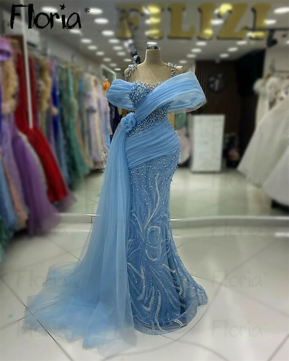 Baby Blue Luxury Wedding Party Dress Off Shoulder Side Overskirt Elegant Long Mermaid Evening Dress Prom Gowns Pagenat Birthday