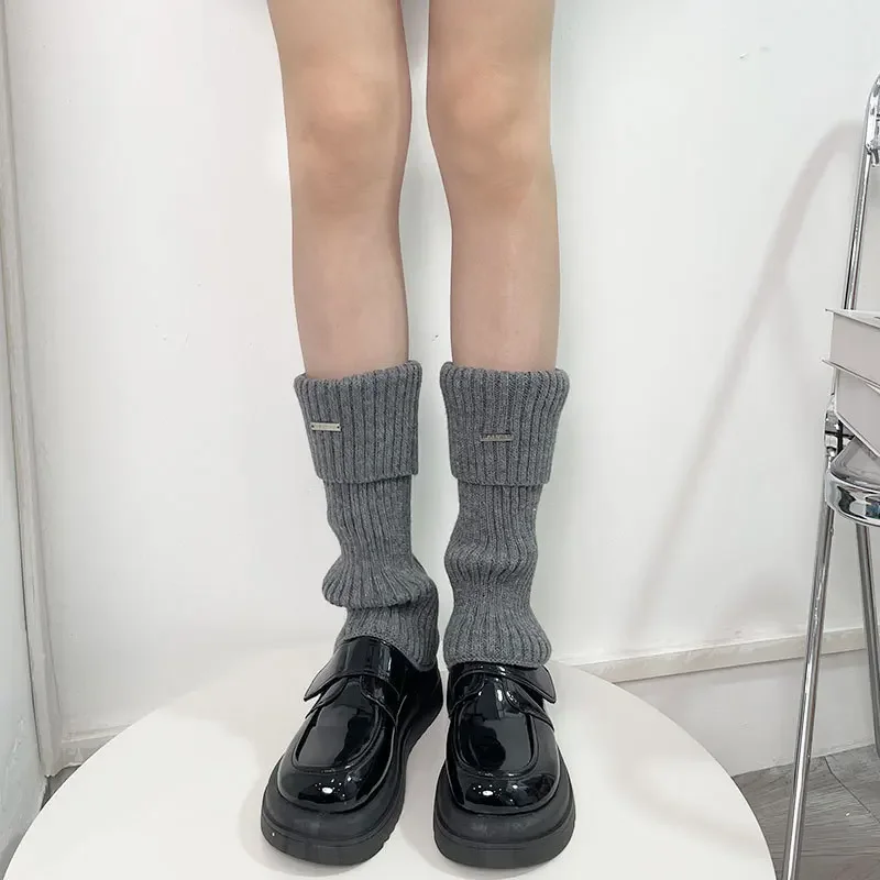 Metal Label Leg Warmers Knitted Women Calf Socks Solid Color Vintage Winter Y2K Japanese Harajuku Pile Long Socks Leg Covers