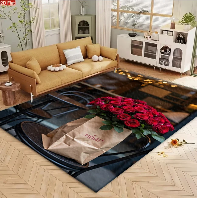 Luxury Red Rose Bouquet Carpet Flooring, Romantic Flower Non-Slip Floor Rug for Living Room Bedroom Wedding Home Decoration