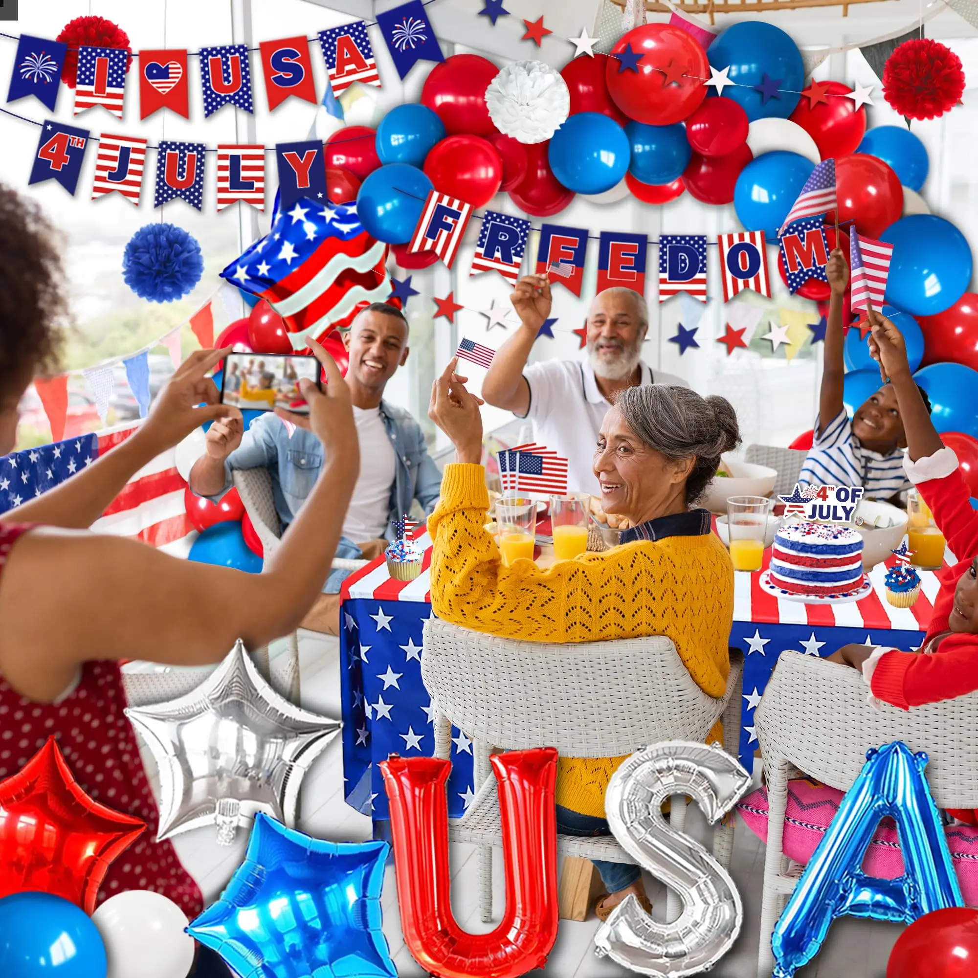 USA-Thema, Partydekoration, amerikanische Flagge, Tattoo-Aufkleber, Flaggenplatten, Banner, Tassen, 4. Juli, Unabhängigkeitstag, patriotisches Zubehör – Detail 5
