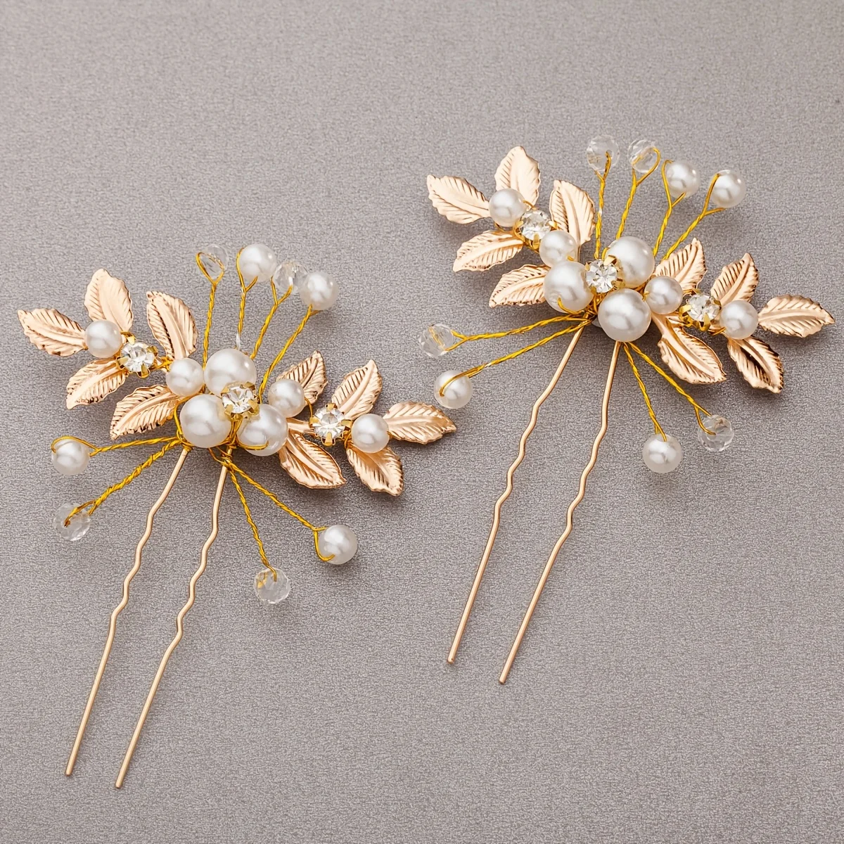 2Pcs Hair Pin Clip Set Crystal Pearl Leaf Hair Pin Clip Hairpin Bridal Wedding Hair Accessories Jewelry Pin Clip Hairpin Set