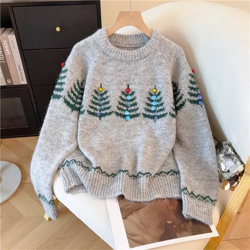 

Модный вязаный пуловер с блестками и рождественской елкой, свитер с круглым вырезом и длинными рукавами, осенний женский трикотаж, топы, бежевый, серый, красный