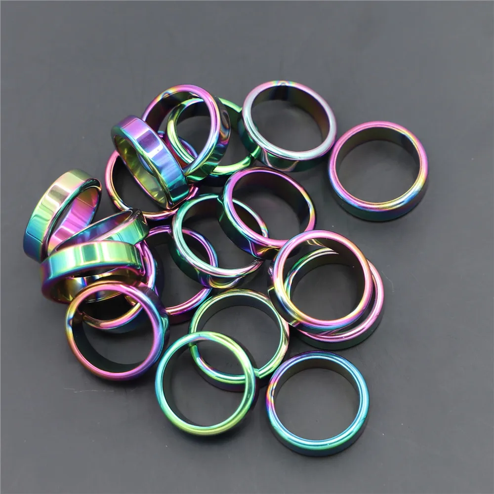 10pcs/ Lot 6mm Unisex Hematite Rings Colorful Gallstone Couple Rainbow Non-magnetic Relieve Anxiety Jewelry Gift Size 16-23