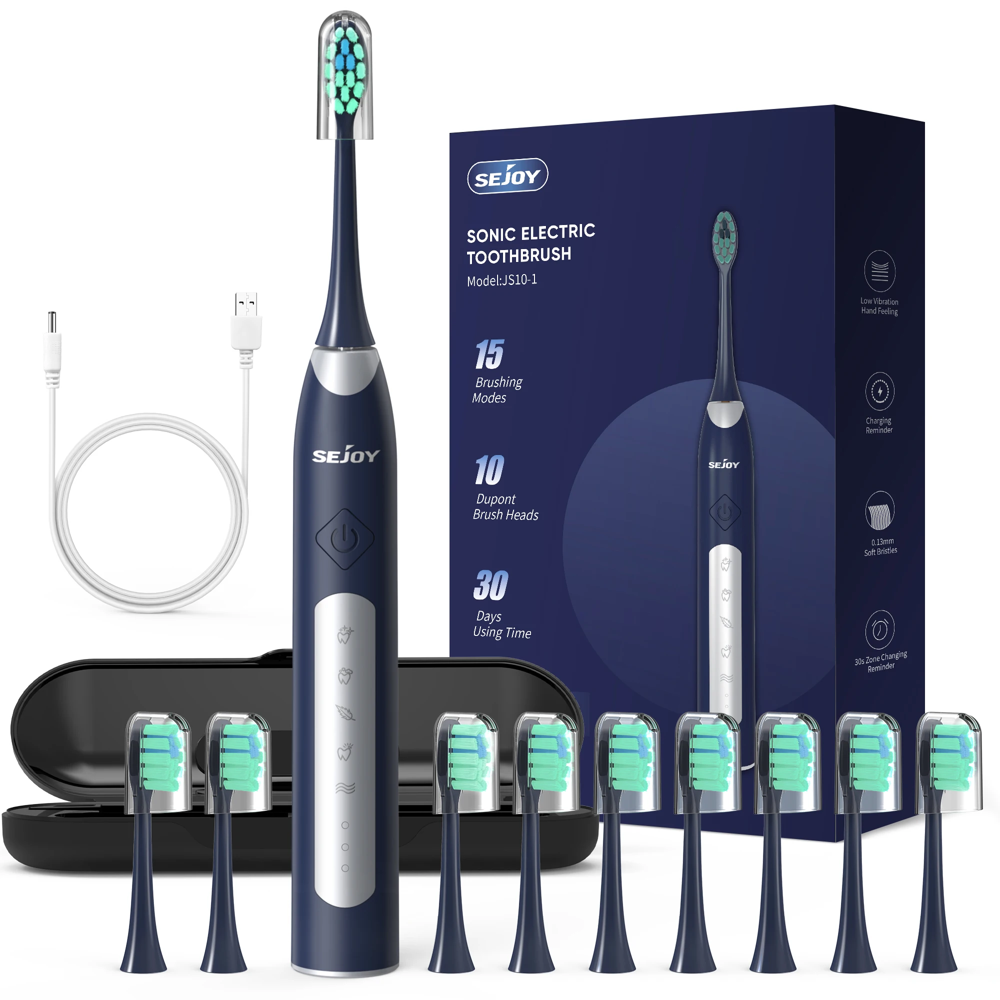 Sejoy JS10-1 Electric Sonic Toothbrush with 10 pcs Replacement Heads Rechargeable Waterproof Electronic Tooth Brushes