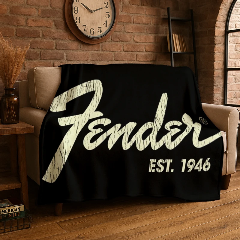 Retro Fender Logo Guitar Instruments Music Flannel Blanket Soft Warm Throw Blanket for Bedroom Living Room Bed Travel Picnic
