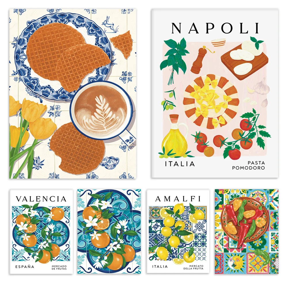 Costa Amalfi cítrica, naranjas de Valencia, pimientos mexicanos, tortillas, cartel de cocina holandesa, portuguesa, española mediterránea