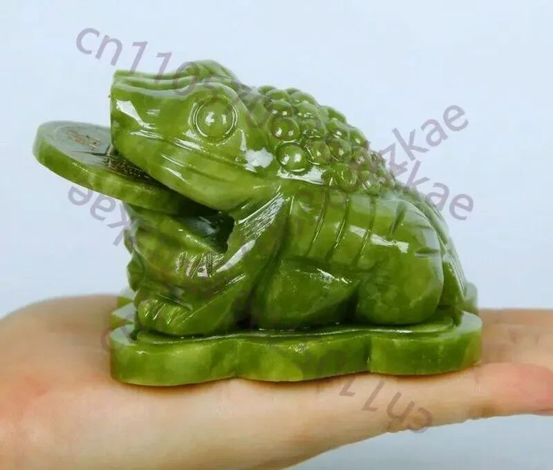 Feng Shui 3 Legged Toad Coins Jade Carved Statue Money Frog Wealth Ingots