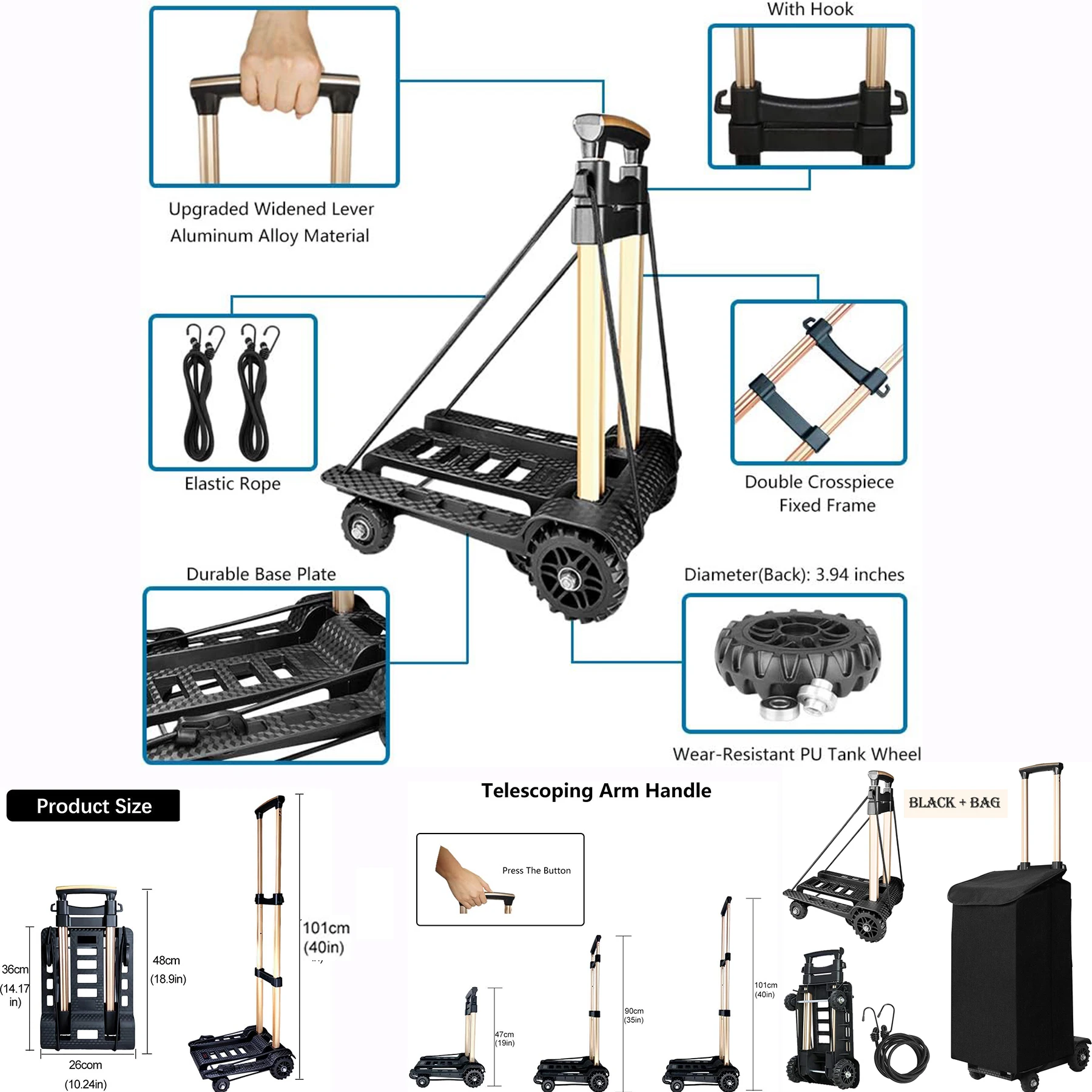 Heavy Duty Folding Trolley - 4-wheel compact multi-purpose cart with adjustable handle, portable and sturdy structure