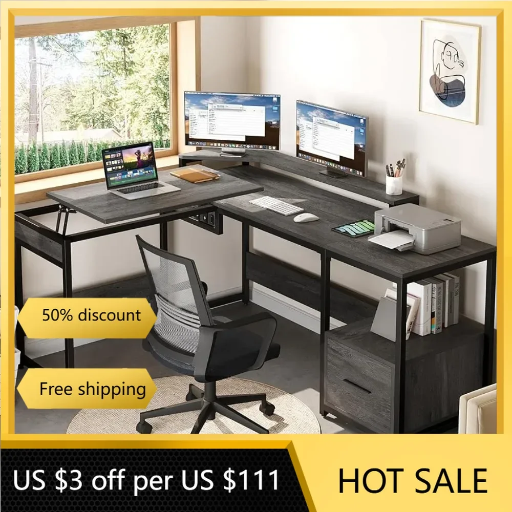 

L Shaped Desk With File Drawer 65" Large Computer Desk Corner Desk With Lift Top Reading Table Gaming Desks Freight free