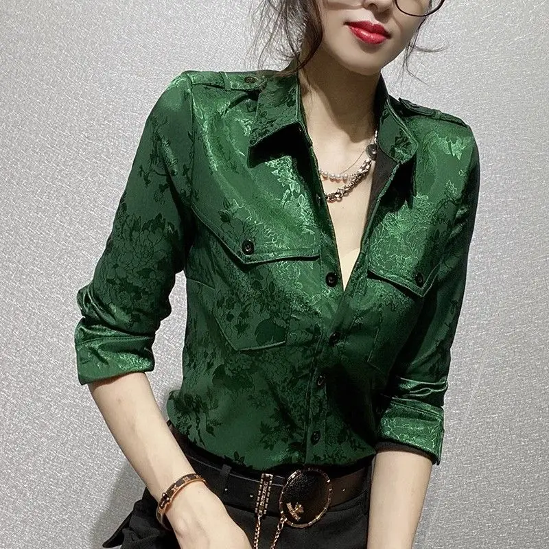 2024 Spring Autumn New Satin Blouse Korean Commute Women\'s Solid Spliced Polo Collar Button Slim Button Long Sleeve Casual Shirt