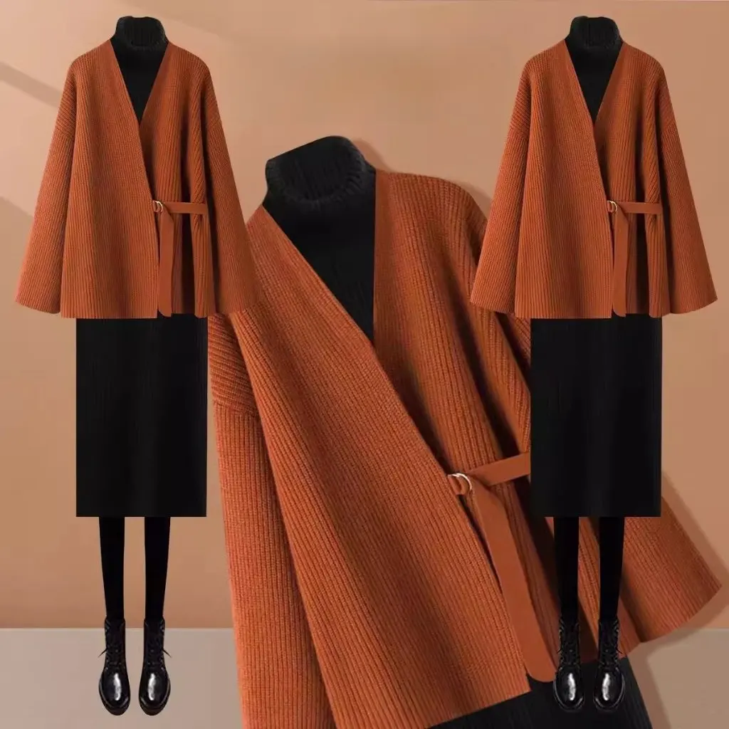

Autumn Winter Inspired Women's Knitted Sweater Coat Dress Set Elegant Socialite Two-Piece Ensemble
