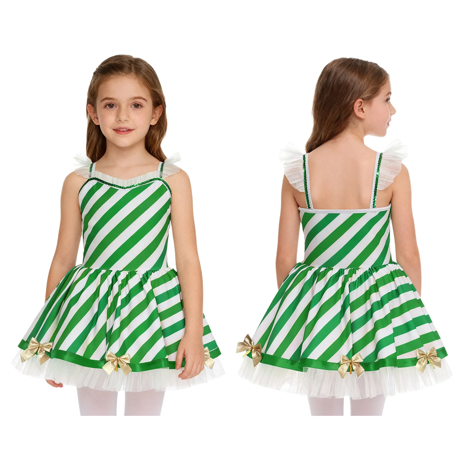 الأطفال الفتيات عيد الميلاد قصب الحلوى مخطط زي أكمام القوس شبكة سانتا قزم يوتار توتو الشكل التزلج فستان رقص الباليه #2