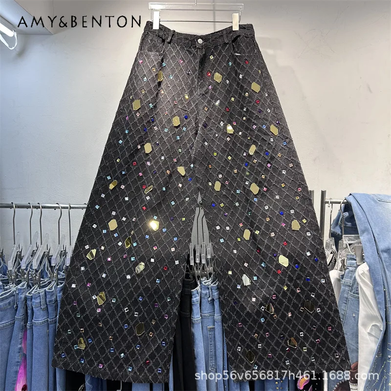 

American Style Cross-Border Diamond-Studded Plaid Denim Pants Fashionable Jeans Women's Loose Fit Versatile Wide-Leg Trousers
