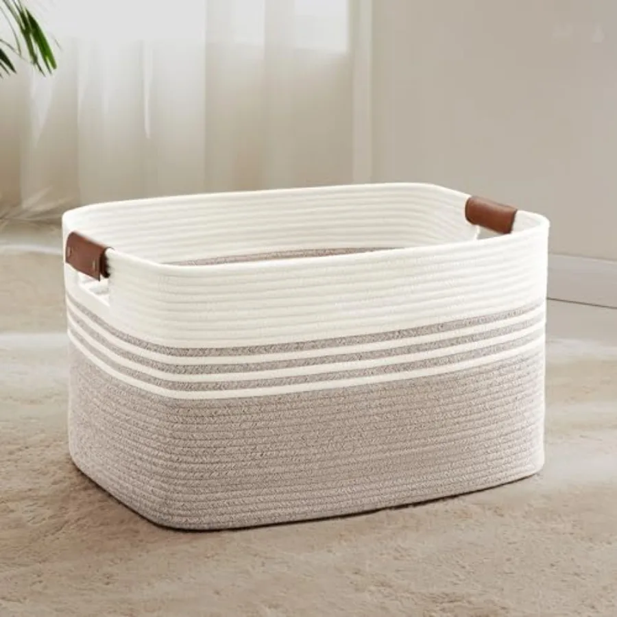 

72L Large Laundry Basket with Leather Handles for Living Room Storage Woven Rope Baskets Bin for Blanket Toy Gifts Wicker Hampe