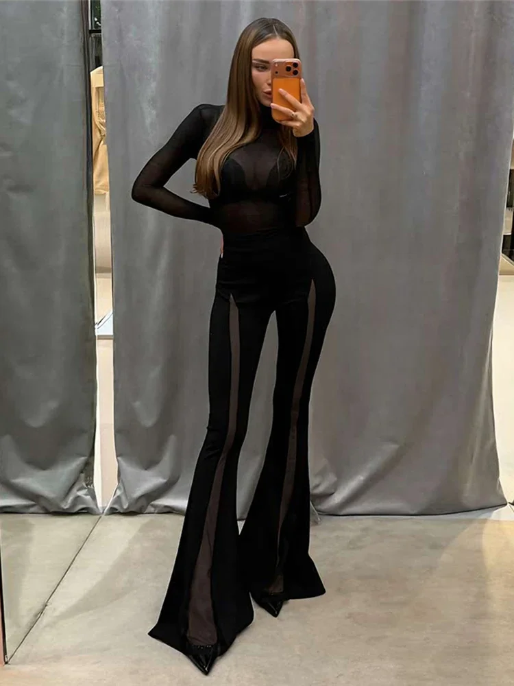 

Sexy Mesh Patchwork Flared Jumpsuit Woman o-Neck Full Sleeve Skinny Peach Hip Hot Girls High Street Fashion Style Overalls