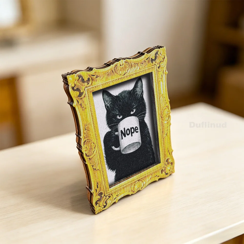 Vintage Goldener Verzierter Rahmen Schwarze Katze Nope Kaffeetasse Holz-Kühlschrankmagnet, Lustiger Retro-Gothic Kühlschrankmagnet Küche Zuhause – Detail 2