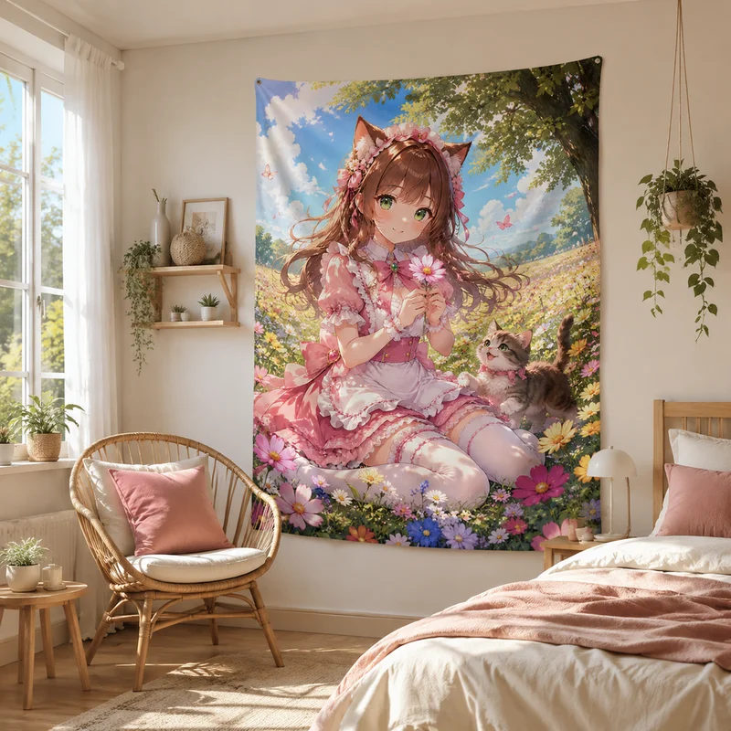 VIKAMA Cat-Ear Lolita Anime Tapestry, Warm-Toned Natural Fabric, Home Decor for Bedrooms and Children's Rooms