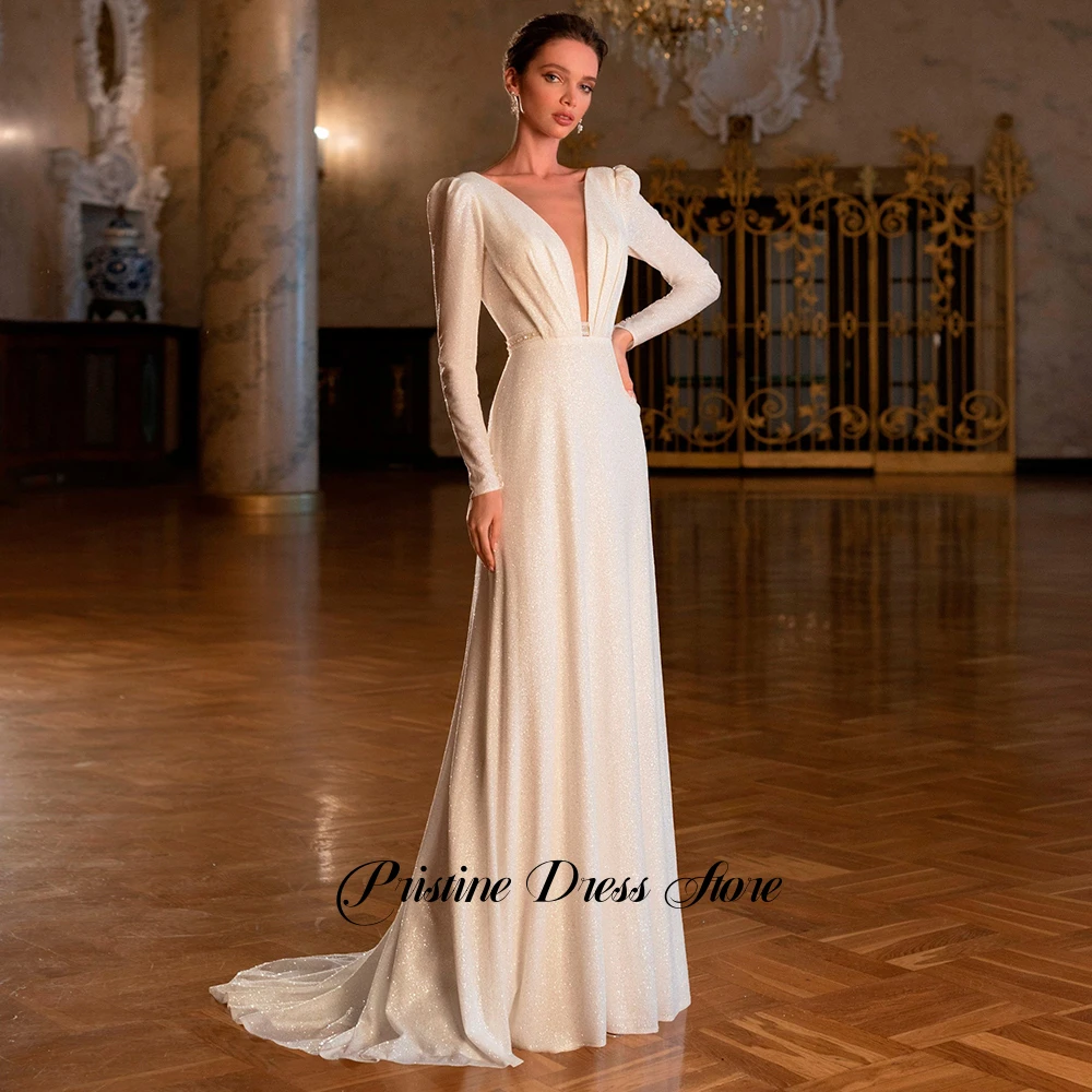 Elegant Women Wedding Dress Customized Long Sleeves Sparkly Tulle Deep V-neck Bridal Gowns with Beading Sashes Sweep Train