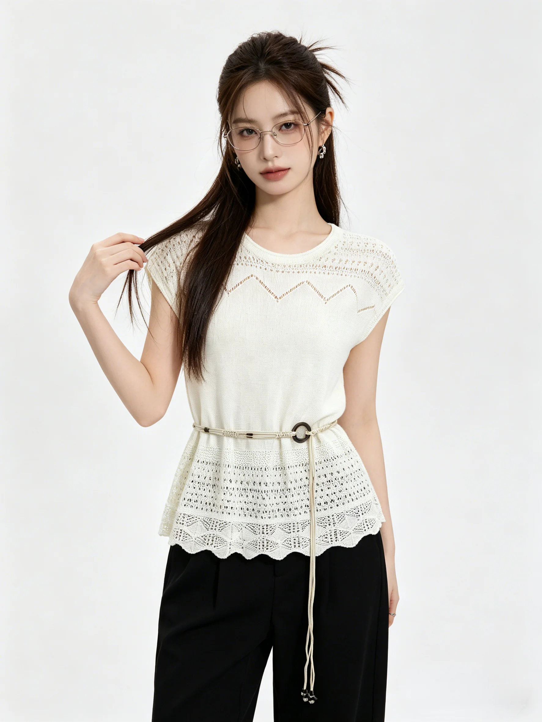 

Korean Style Commuter Hollow out Short Sleeve Knitted T-Shirt Women's Slimming Waist Design Summer Top Fashionable Youthful