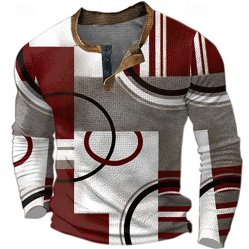 

Fashion Circle Stripe Henley T-Shirts For Men 3D Print Creative Design Loose Breathable Pullover Autumn Outdoor Long Sleeve Tops