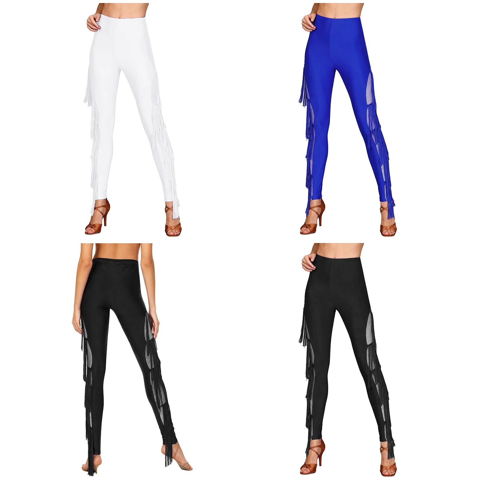 Women Latin Chacha Dance Leggings Side Sheer Mesh Tiered Tassel Elastic Waistband Skinny Pants Tfor Tango Salsa Dance Costume