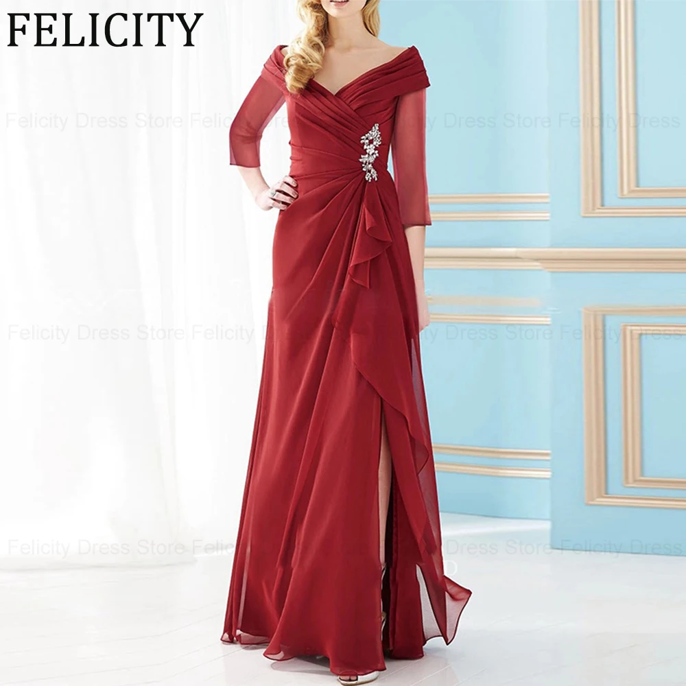 

Elegant Mother of the Bride/Groom Dress 2024 A-Line V-Neck Wedding Guest Dresses Chiffon Pleat Split Front Applique Evening Gown