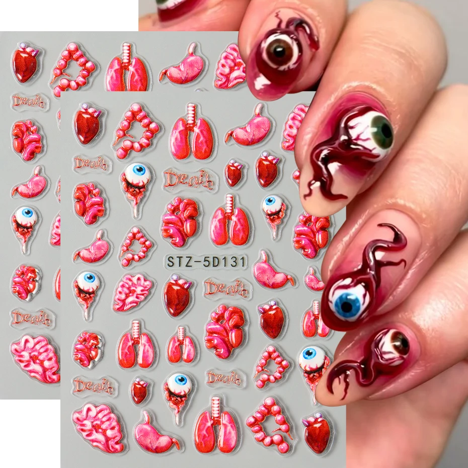 2 stücke 5D Envy Eye Halloween Nail art Aufkleber Herz Lunge Rot Farben Terror Design Sliders Maniküre Klebstoff Nail art Dekoration