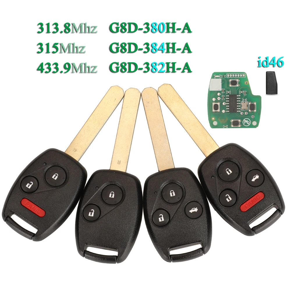 Jingyuqin G8D-380H-A /382H /384H para Honda Accord Element CRV HRV City Odyssey Civic 313,8/315/433,92 Mhz ID46 llave remota para coche