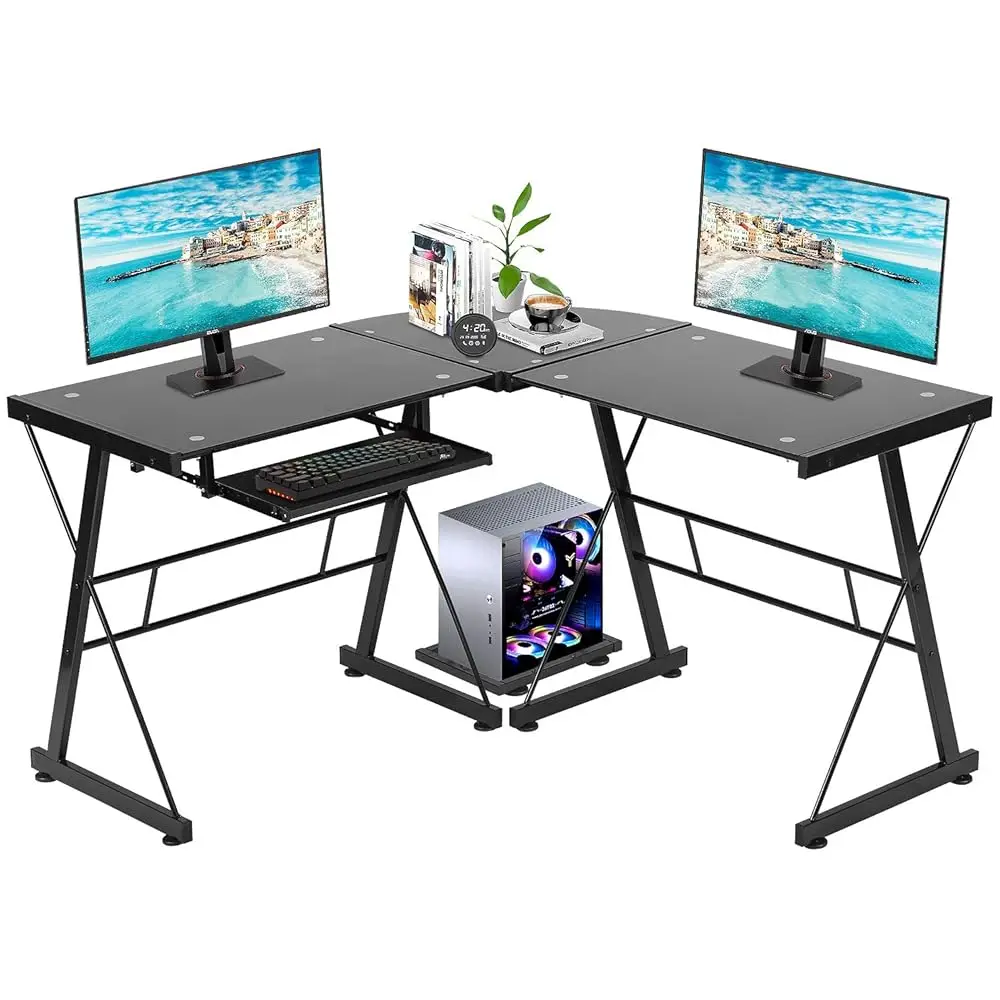 

Компьютерный стол, игровой стол, L-образный угловой стол, домашний офис, письменная рабочая станция, закаленное стекло, учебная клавиатура, подставка для процессора, ПК