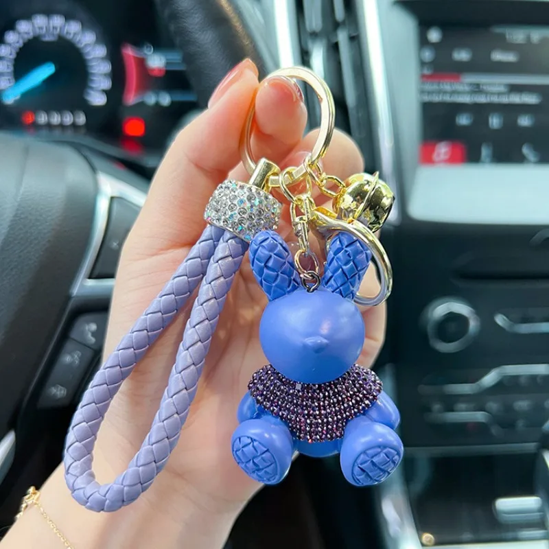 Cute Cartoon Diamond Studded Rabbit Car Keychain, Fashionable Woven Rope Keychain, Couple Bag Pendant Small Gift