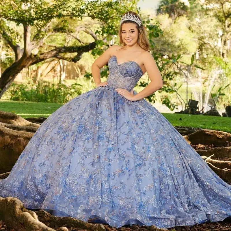 

Mexico Blue Sweetheart Ball Gown Quinceanera Dress For Girls Ball Beaded Appliques Tull Birthday Party Gowns Robe De Ball