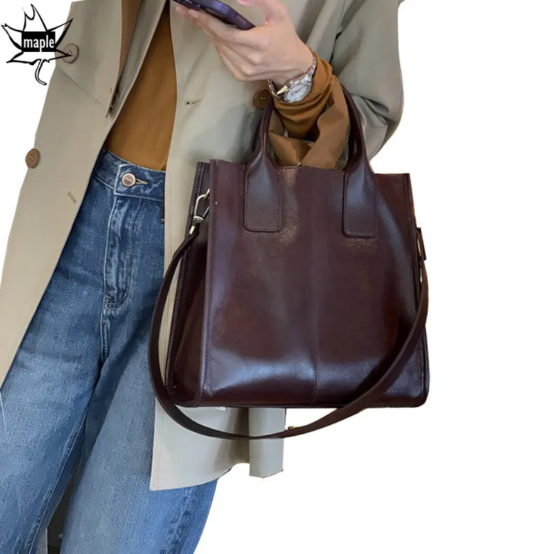 2025 Winter Large Capacity Bucket Tote Bag Green Maroon Color 100% Oil Wax Cowhide Leather Women Shoulder Bag 2 Straps Hand Bag