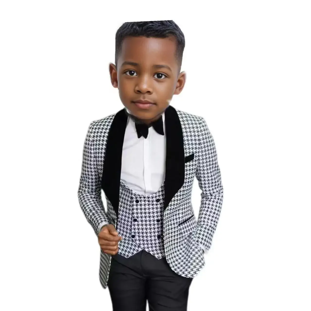 Houndstooth Suit for Boys 3-16 Years Old 3 Pieces Formal Slim Fit Check Wedding Tuxedo Set Shawl Lapel Piano Performance Suit