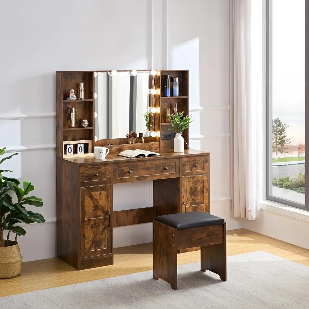 Vanity Desk with Mirror, Lights, Chair, Shelves and Drawers, Charging Station Outlet and 3 Light Modes, MDF Wood Vanity Desk