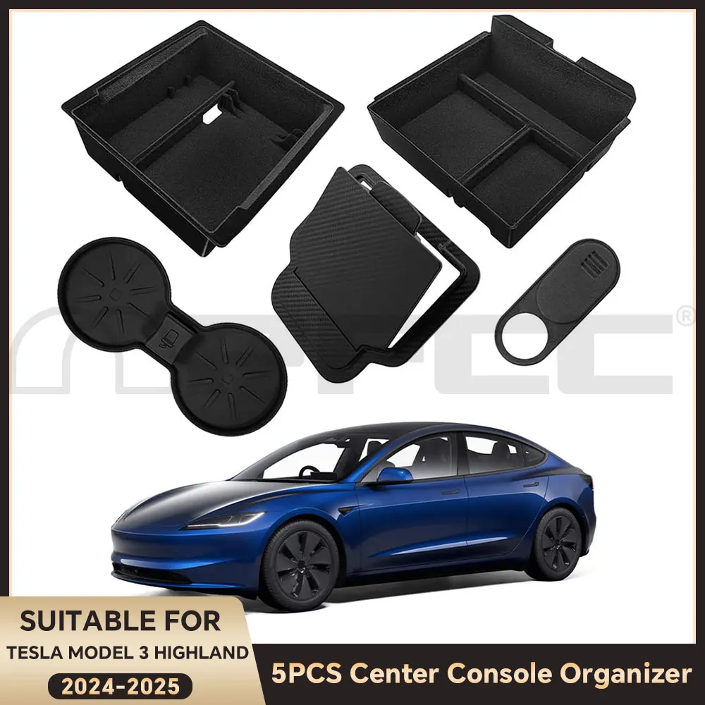 

For 2024 Tesla New Model 3 Highland Hidden Storage Box Car Center Console Armrest Front and Rear Flocking Layered Grid Organized