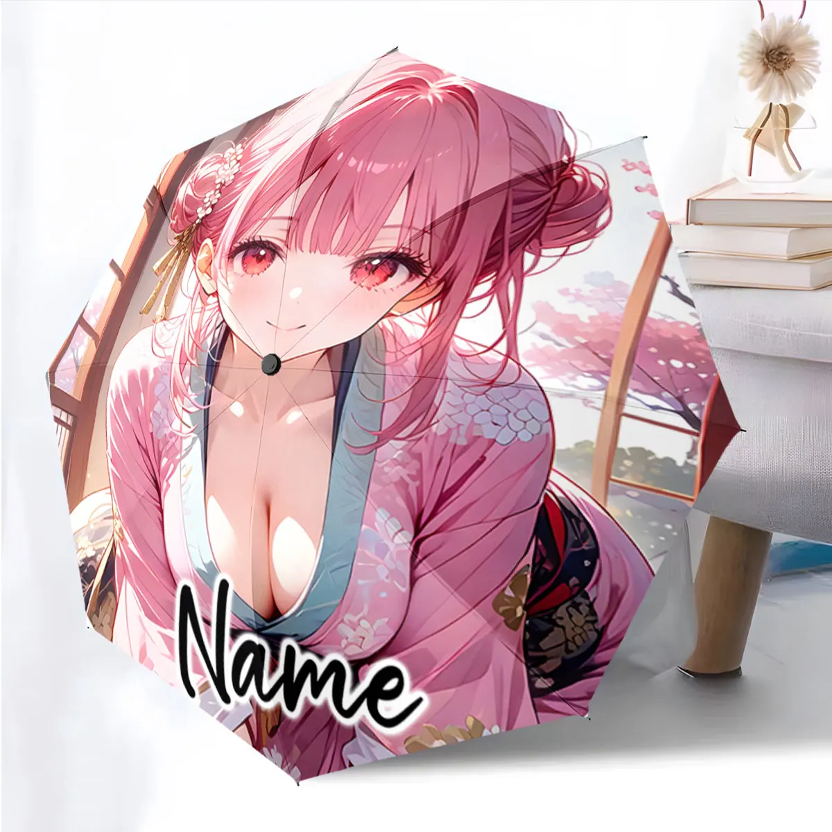 Custom Name Umbrella Anime Character Design on Umbrella Print 8 Iron Ribs Folding Umbrella Auto-Open Fashion Sunshade