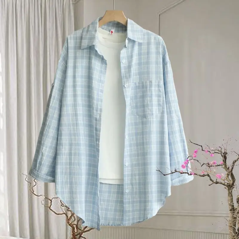 Women's Thin Plaid Shirt Summer Korean Loose Midi Summer Sun Protection Outerwear New Style Commute Simple Style Polyester Fiber