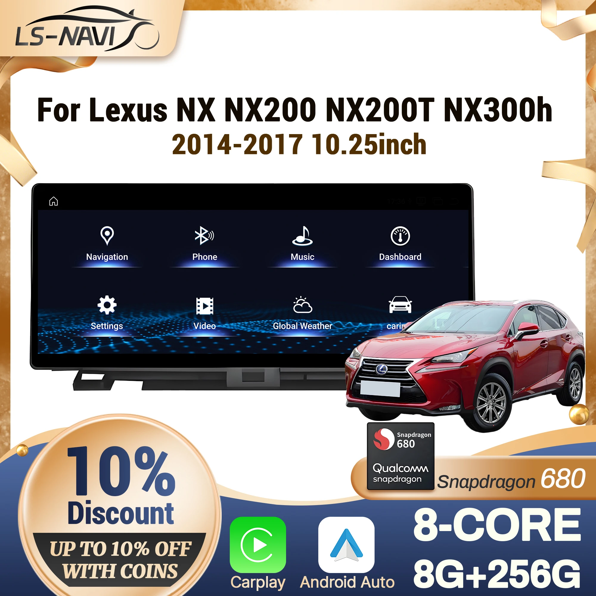 10.25 inch For Lexus NX NX200 NX200T NX300h 2014-2017 Car Radio Wireless CarPlay Multimedia Snapdragon 680 Screen