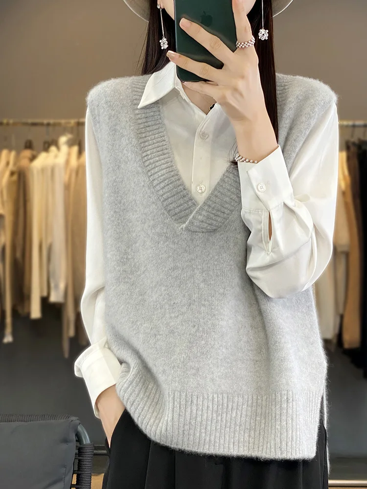 100% 캐시미어 조끼 조끼 여성 V 넥 민소매 니트 숄 캐시미어 스웨터 겨울