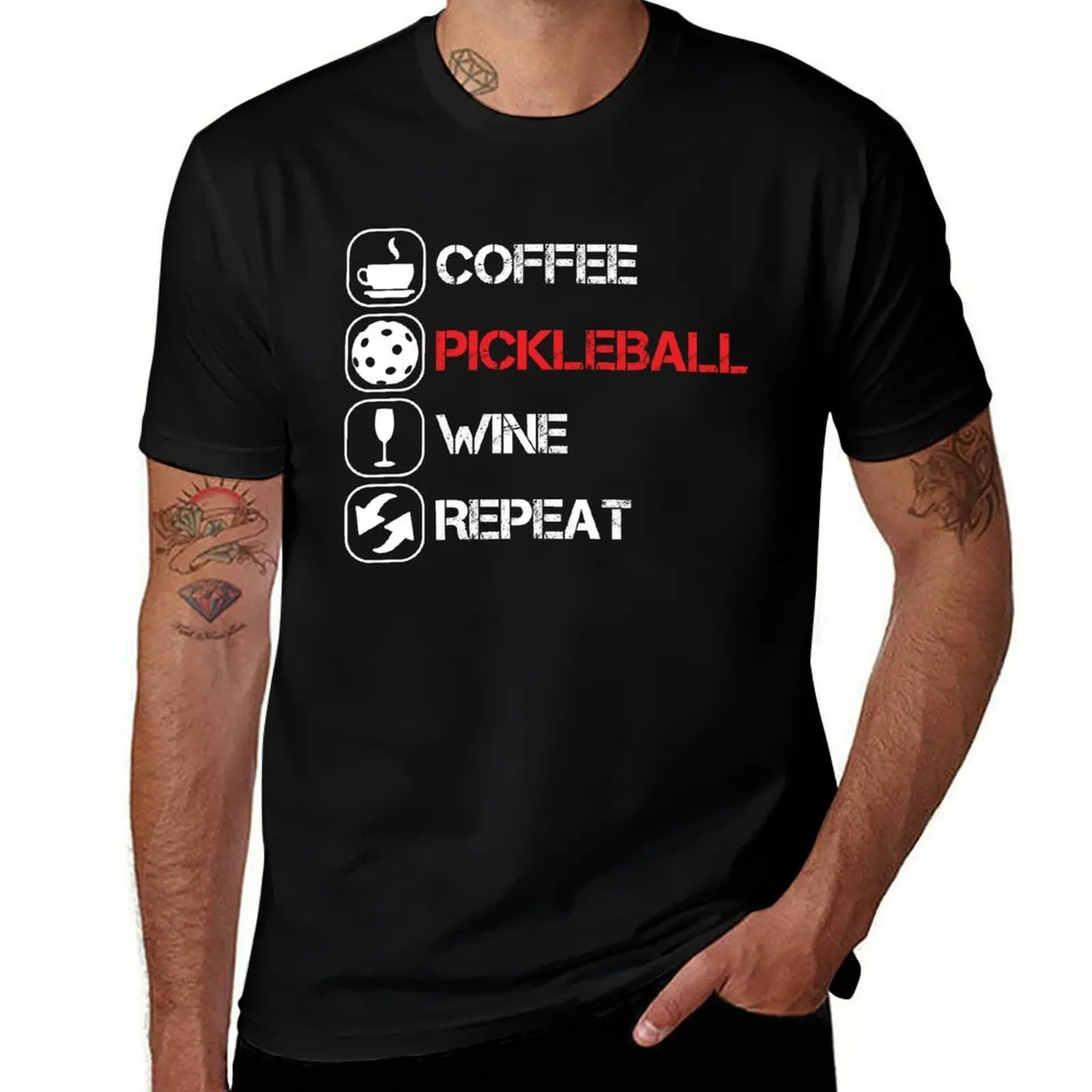

Coffee Pickleball Wine Repeat T-Shirt t shirt custom print man t shirt cotton high quality g man t shirts for men T-shirt