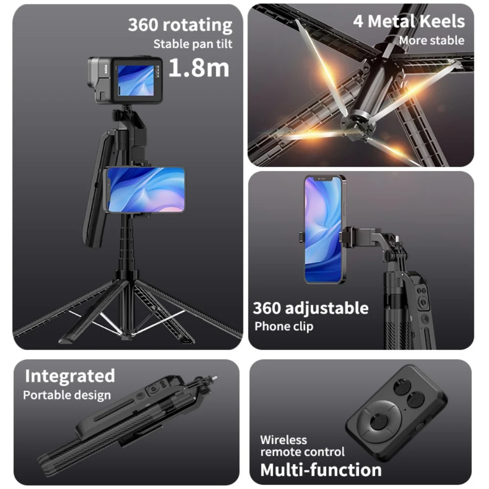 C12 1.8M Selfie Tripod for Cell Phone 360°Auto-Rotation AI Tracking Shooting Quadrapod with Remote Control Mobile phone holder