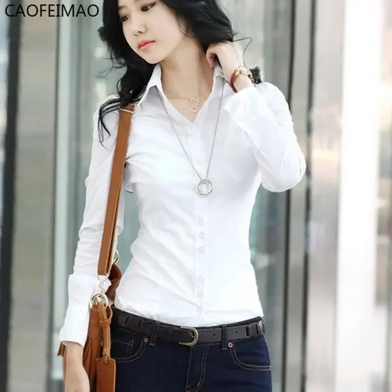 Caofeimao Office Lady Formal Blouse Autumn Women Fromal Work Wear Long Sleeve Simple Shirt Slim Collar Blouse Casual Shirt Tops