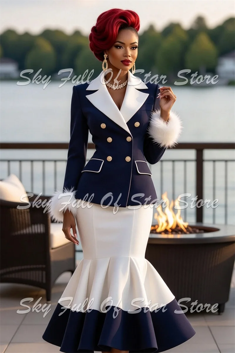 Luxury Navy Women Suit Set 2 Pcs Double Breasted Blazer White Feather Sleeve Midi Mermaid Skirt Custom Formal Evening Lady Coat