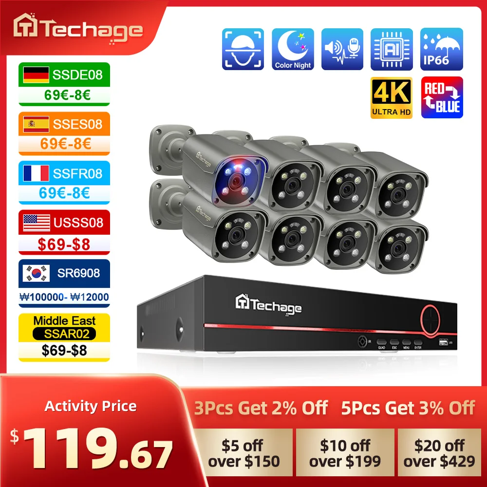 Techage H.265 8CH 5MP 8MP 4K POE Camera System AI Full Color Night VIsion Face Detection CCTV Video Security Surveillance Kits