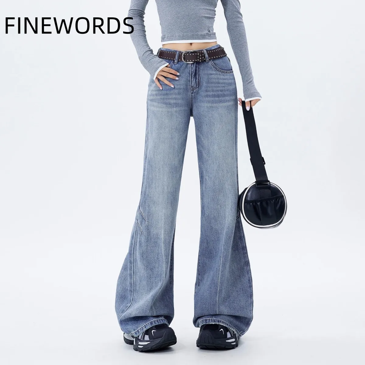 FINEWORDS Blue Fashion Flared Jeans Women High Waist Retro Bell Bottom Jeans Korean Full Length Casual Streetwear Boot Cut Jeans